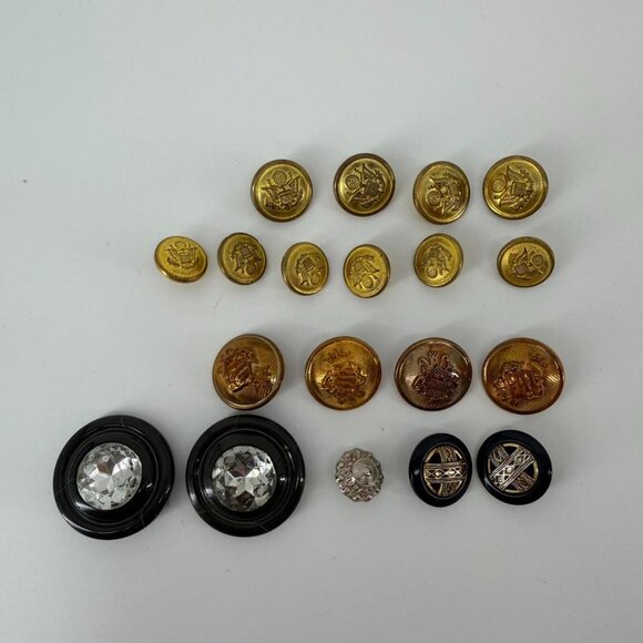 Vintage Button Lot Gold Tone Heraldic Crest Black Rhinestone Mixed Sewing Craft - Picture 2 of 2